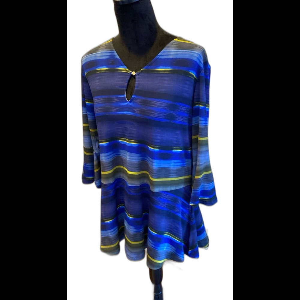 Ellen Tracy Blouse Sz Large Top Blue Green Bell Sleeves Flare Bottom + Stretch - Picture 4 of 10